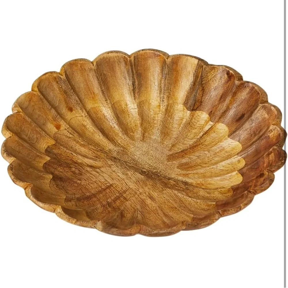 NEW West Elm Large Natural Wood Carved Scalloped Decorative Bowl Centerpiece 8